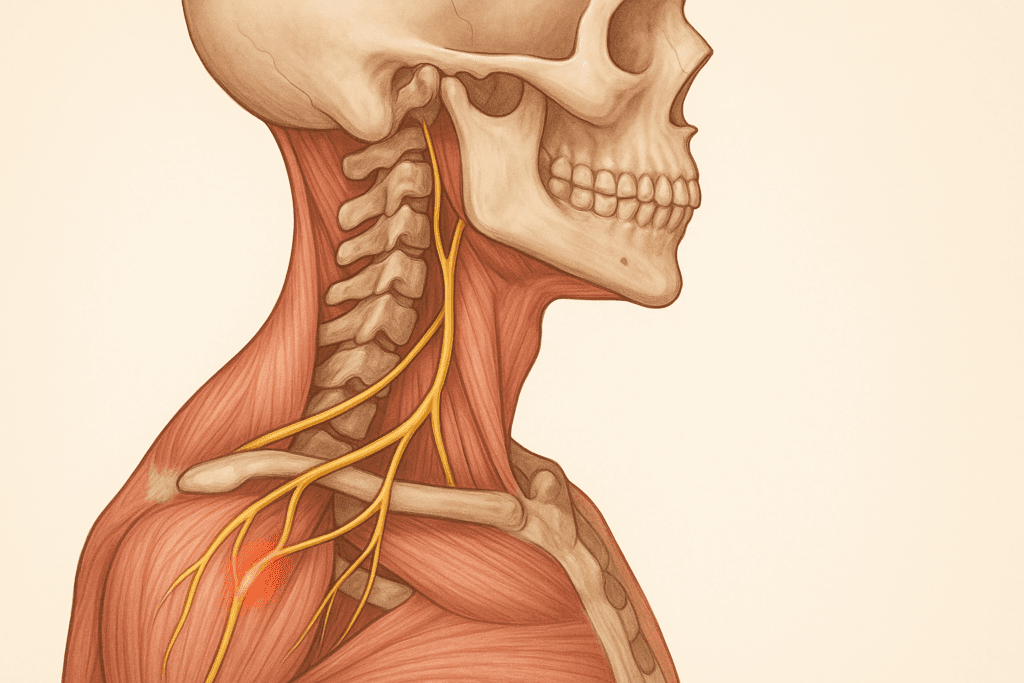 Anatomical side-view showing nerve compression in the neck and shoulder, illustrating the root cause targeted by exercises for trapped nerve in shoulder.