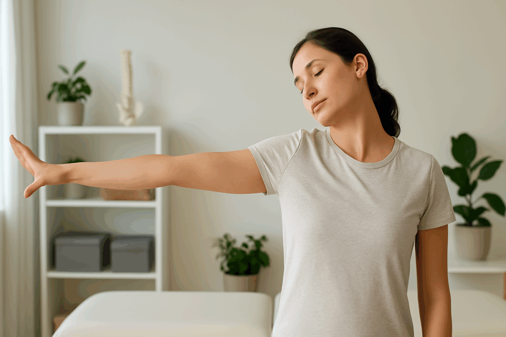 Woman performing median nerve glide with arm extended and neck tilted—one of the physiotherapy exercises for trapped nerve in shoulder.