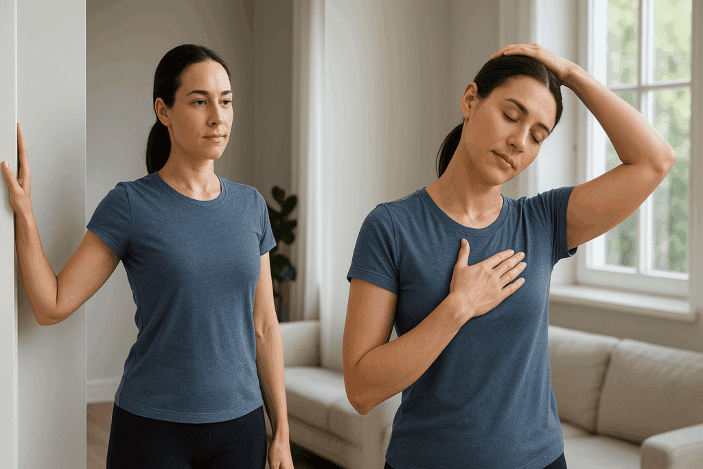 Woman demonstrating two exercises for trapped nerve in shoulder, including a doorway pec stretch and a levator scapulae release in a calm home setting.