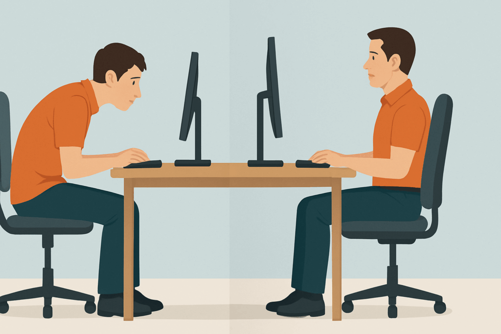 Side-by-side comparison of poor and ergonomic desk posture illustrating exercises for trapped nerve in shoulder prevention