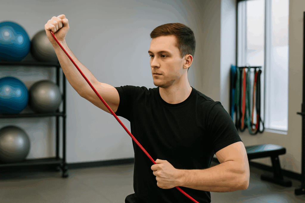 Man performing diagonal resistance band pull in a gym as part of rehabilitation exercises for trapped nerve in shoulder