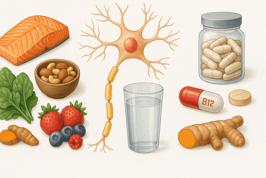 Anti-inflammatory foods, supplements, and hydration elements supporting exercises for trapped nerve in shoulder recovery