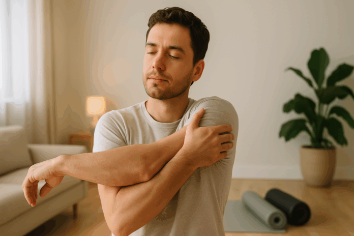 Man doing shoulder stretch at home with yoga mats and foam rollers nearby, demonstrating exercises for trapped nerve in shoulder.