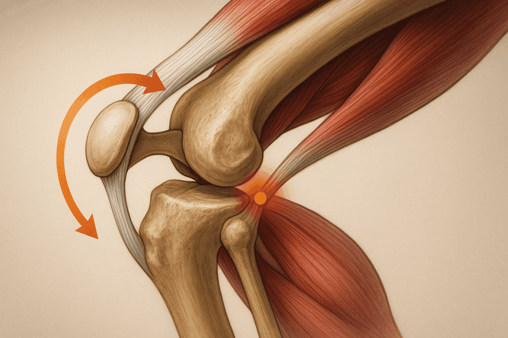 Detailed anatomical illustration of the knee joint showing patella movement and joint stress during knee cap exercises like squats and walking.