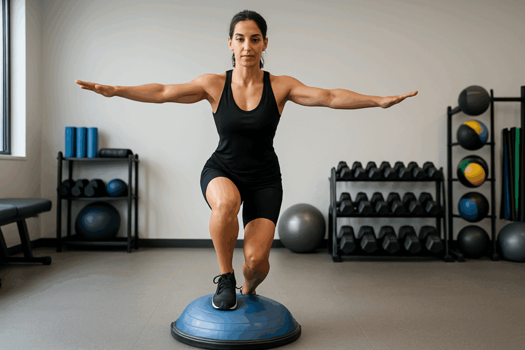 Athletic woman performing knee cap exercises by balancing on one leg atop a Bosu ball in a gym setting to improve proprioception and stability.
