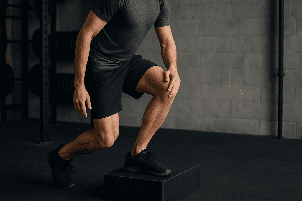 Man performing controlled step-down from gym box with focus on form and knee cap exercises for tendon strength