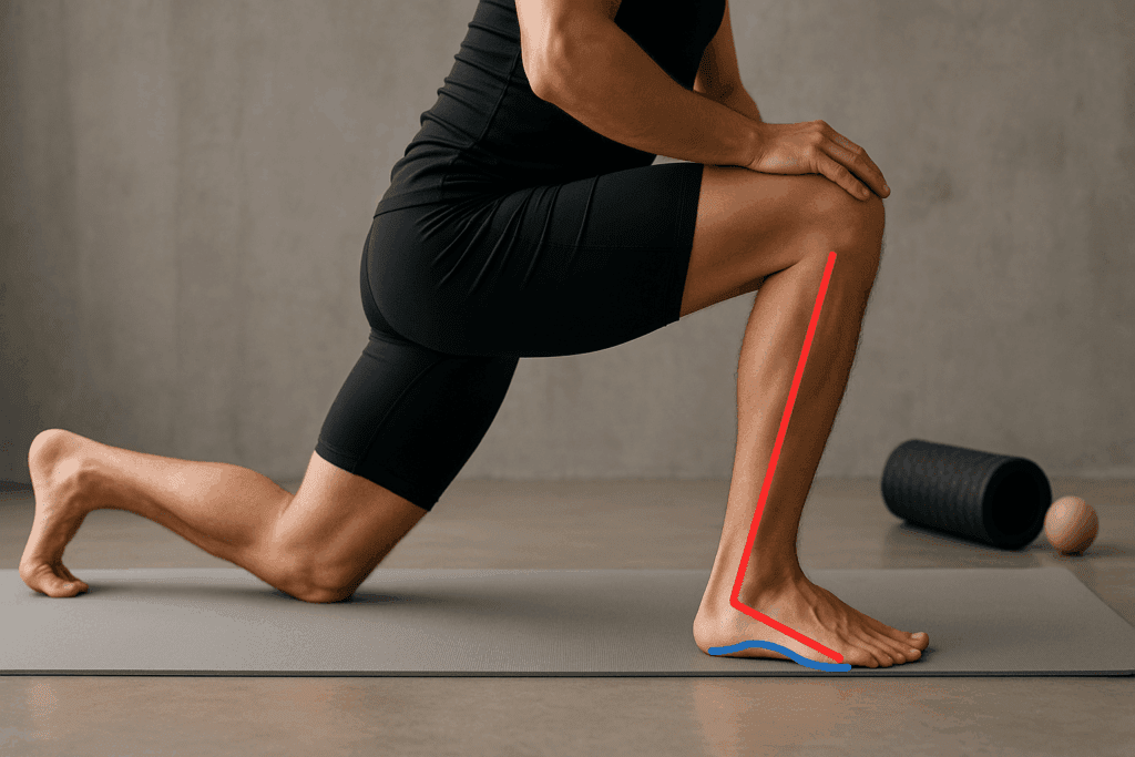 Athlete in a deep lunge stretch highlighting ankle dorsiflexion and foot arch mechanics, supporting effective knee cap exercises.