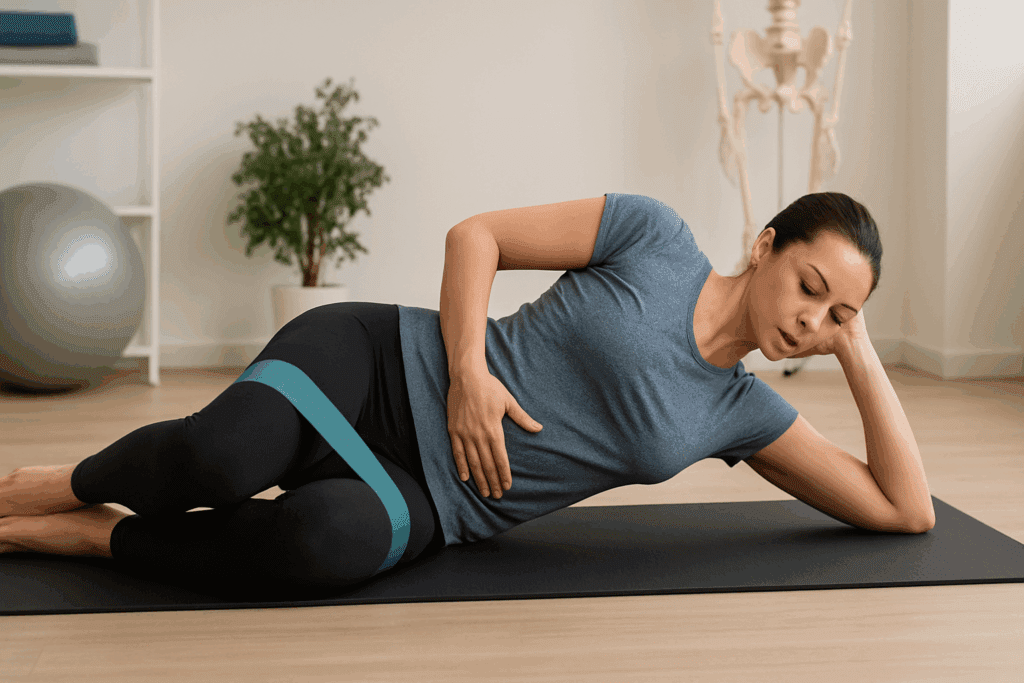 Woman performing clamshell exercise with resistance band to support hip stability and core engagement as part of knee cap exercises.