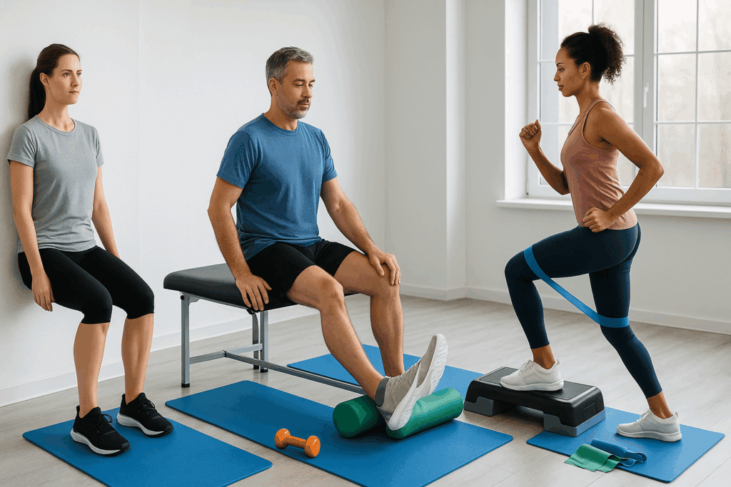 People performing knee cap exercises like wall sits, short arc quads, and step-ups in a bright rehab studio with mats and bands.