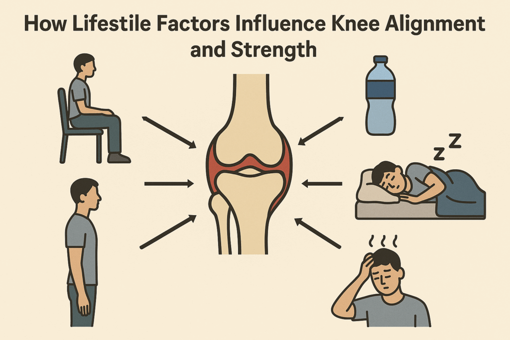 Infographic showing lifestyle factors like posture, stress, hydration, sleep, and sitting habits affecting the knee joint, ideal for understanding knee cap exercises.