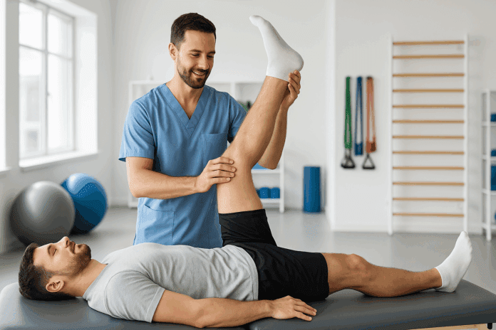 Physiotherapist guiding a patient through hamstring injury stretching on a therapy table in a modern rehab clinic with resistance bands and exercise balls in the background.