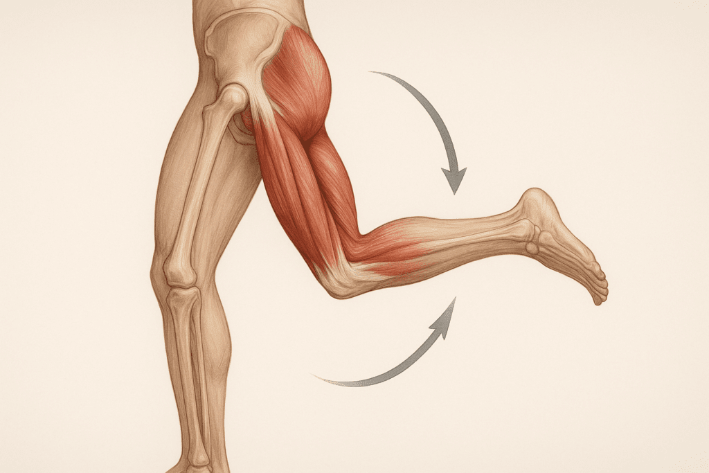 Side view anatomical illustration of the hamstring muscles showing activation during hip extension and knee flexion, ideal for hamstring injury stretching visuals.
