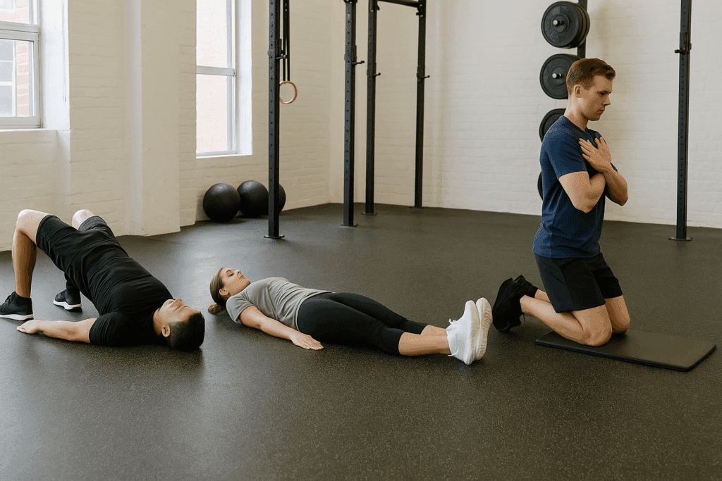 Three athletes demonstrating hamstring injury stretching with a glute bridge, heel digs, and Nordic curl in a bright gym.