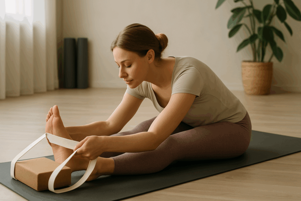 Woman in a yoga studio using a strap and block for seated forward fold as a gentle hamstring injury stretching technique