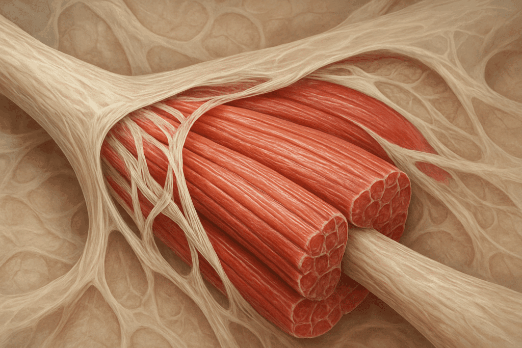 Detailed cross-sectional illustration of muscle fibers, fascia, and tendon layers showing tissue depth relevant to hamstring injury stretching.