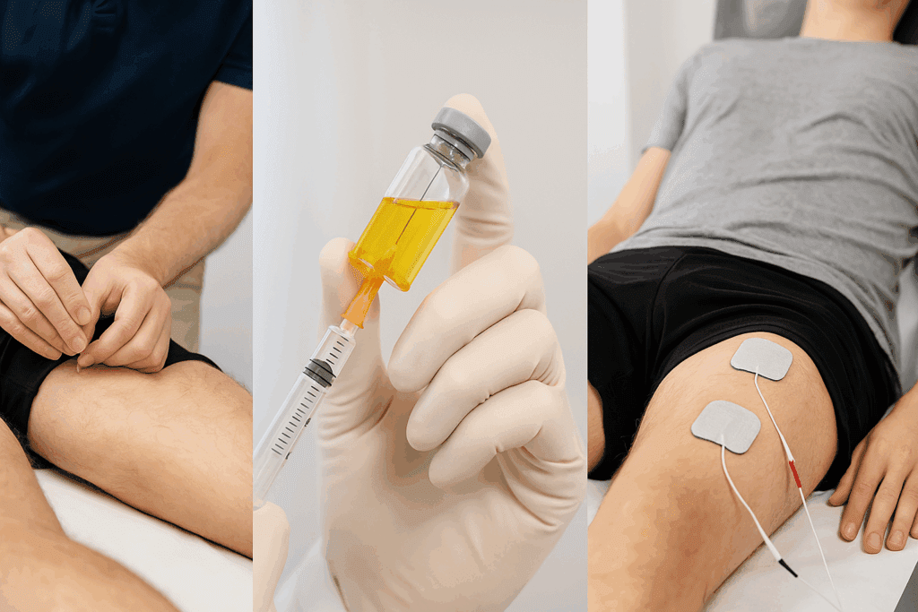 Therapist performing dry needling on a patient’s leg, PRP injection preparation, and NMES therapy on thigh to support hamstring injury stretching recovery.