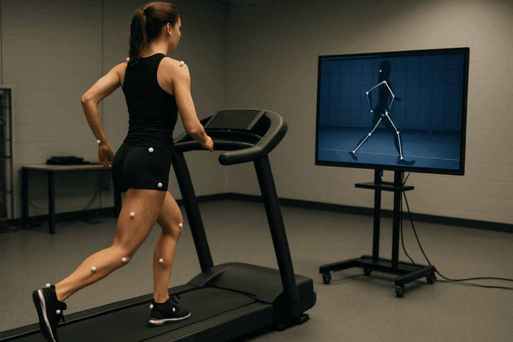 Athlete running on a treadmill in a biomechanics lab with motion sensors analyzing hip, glute, and leg movement for hamstring injury stretching assessment.