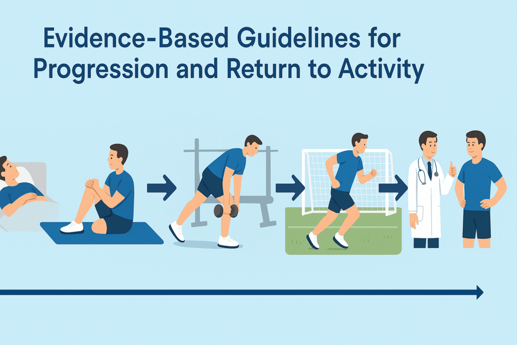 Infographic showing five recovery stages after hamstring injury stretching, from rest to medical clearance with icons of rehab and sports activity.