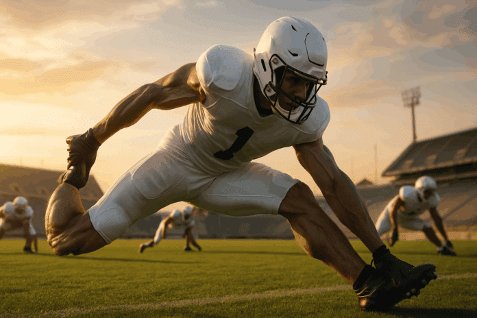 Football player performing a deep quad stretch at sunrise on a stadium field, demonstrating the Best Stretching Exercises for Football.