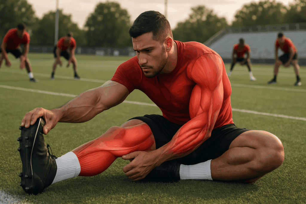 Football player doing a deep hamstring stretch on grass before a game, highlighting muscle engagement for best stretching exercises for football.