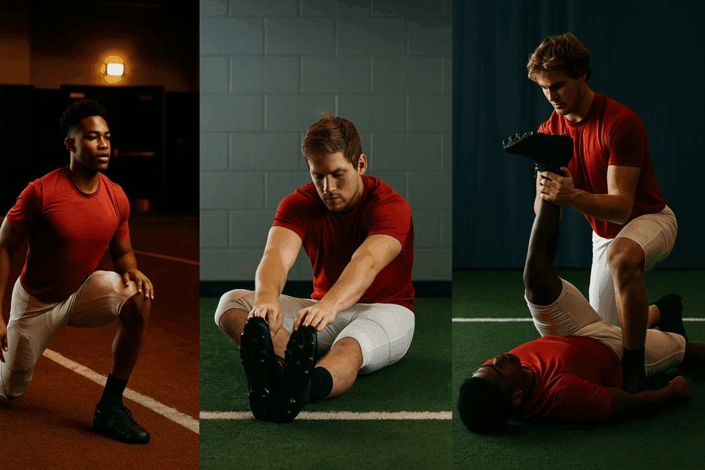Three football players demonstrate the best stretching exercises for football, including dynamic lunges, static hamstring stretch, and PNF partner stretch on turf.