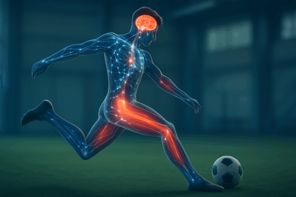 Football player mid-leg swing in gym setting with glowing neural and muscle signals visualizing the Best Stretching Exercises for Football