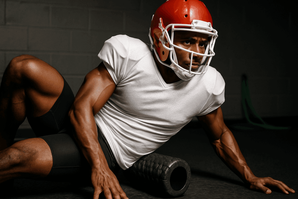 Football player performing glute foam rolling on a textured gym floor, demonstrating best stretching exercises for football.
