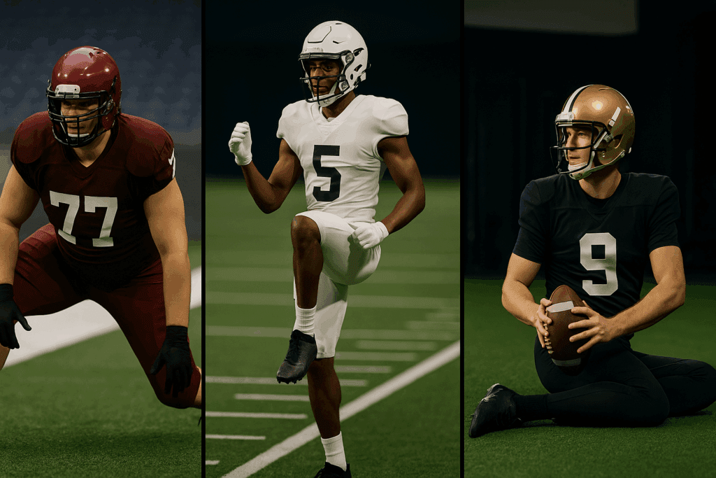 Lineman doing a hip opener, receiver performing high-knee stretches, and quarterback in a thoracic twist—three athletes demonstrating the best stretching exercises for football.