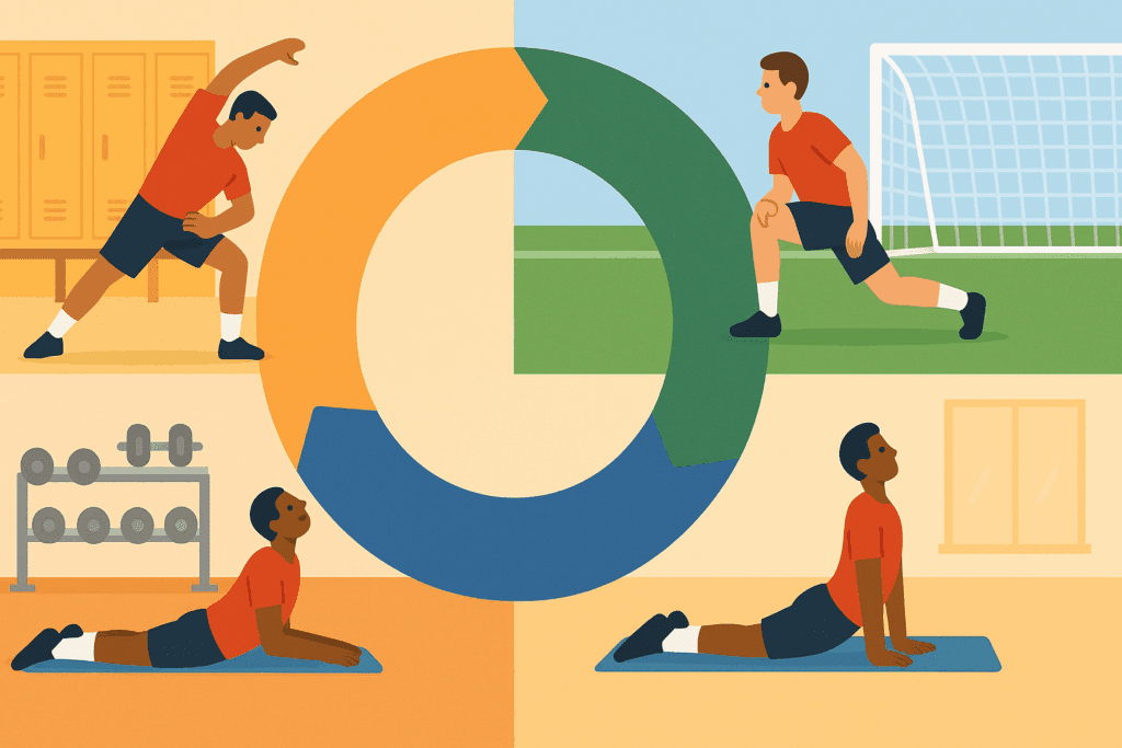 Circular infographic showing football players doing the best stretching exercises for football during preseason, in-season, and offseason training phases.