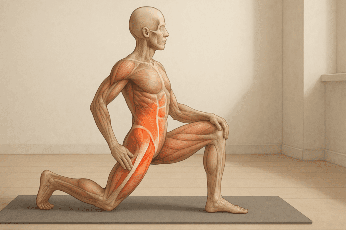 Kneeling lunge stretch on yoga mat showing iliopsoas and rectus femoris muscles, illustrating how to fix hip flexor pain.