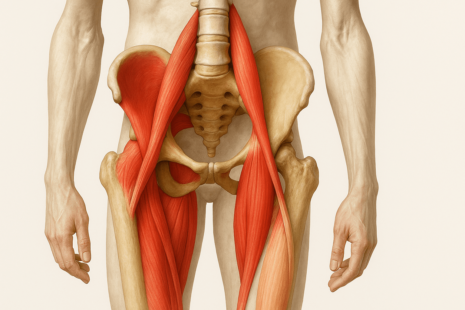 Color-coded anatomical illustration showing key hip flexor muscles from the front, visualizing how to fix hip flexor pain through muscle identification.
