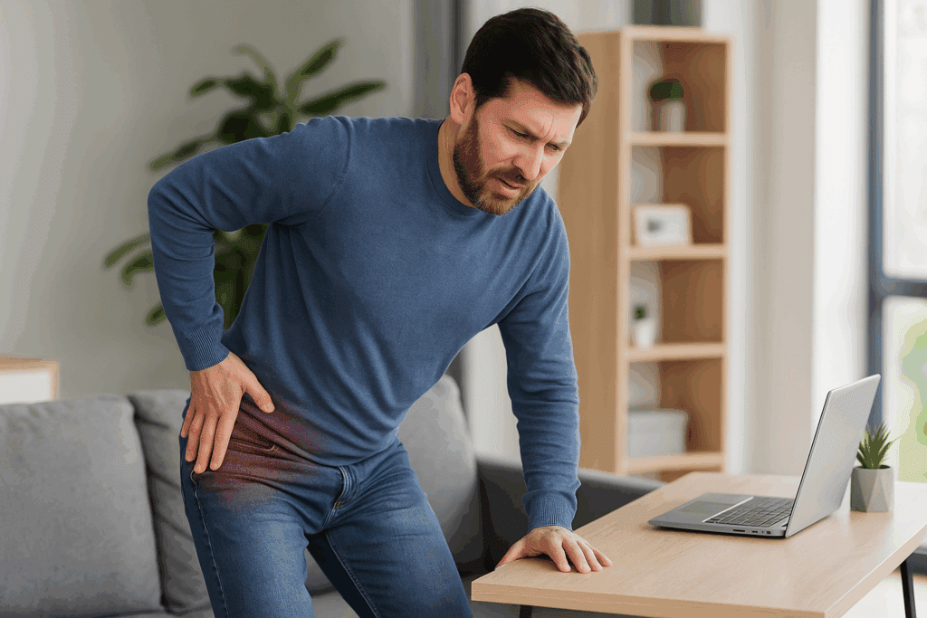 Man rising from sofa at home, holding front of hip in discomfort—illustrating how to fix hip flexor pain during daily movement.