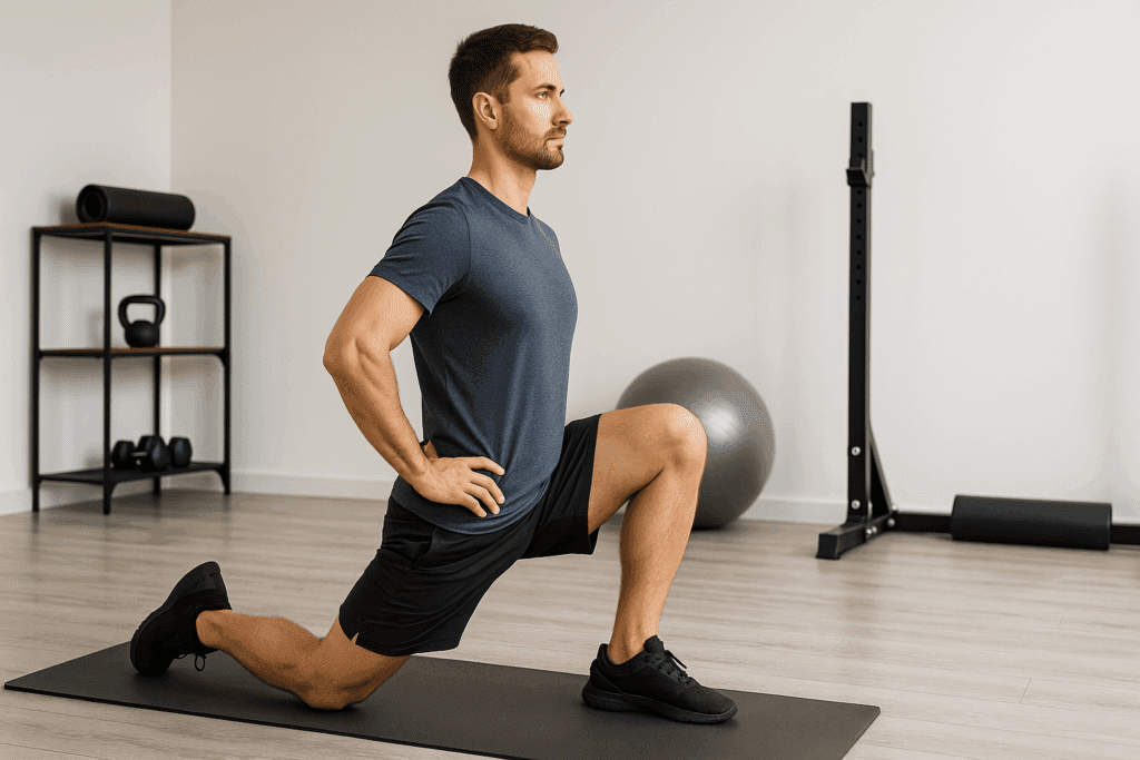 Man demonstrating kneeling hip flexor stretch in a home gym, showing proper posture for how to fix hip flexor pain.
