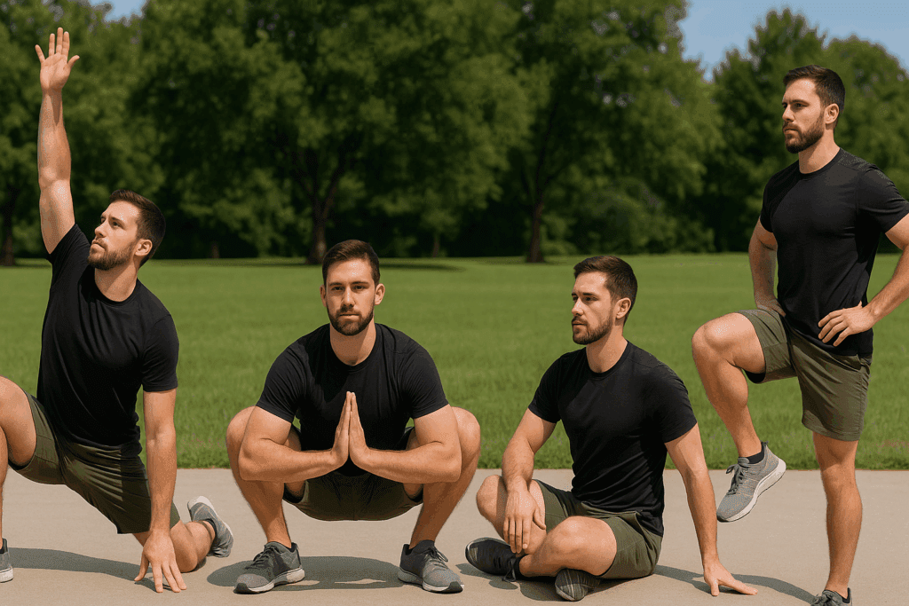 Man demonstrating four mobility exercises outdoors showing how to fix hip flexor pain with daily stretching flow.