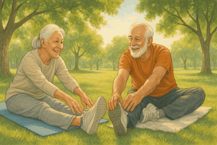 Smiling senior couple doing hamstring stretches for seniors on yoga mats in a sunny park surrounded by trees.
