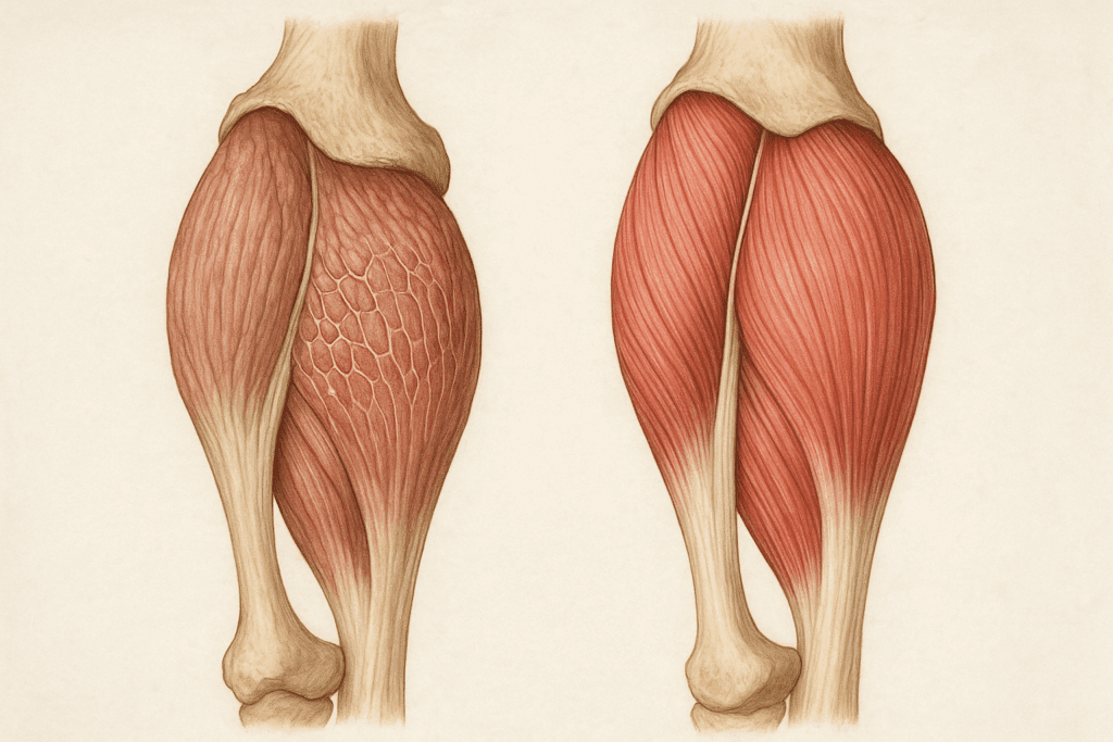 Aging and youthful thigh muscles side by side, illustrating tissue changes relevant to hamstring stretches for seniors