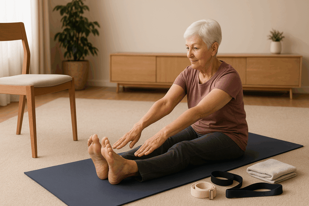 Senior woman performing hamstring stretches for seniors on a yoga mat with supportive props in a calm, well-lit indoor space.