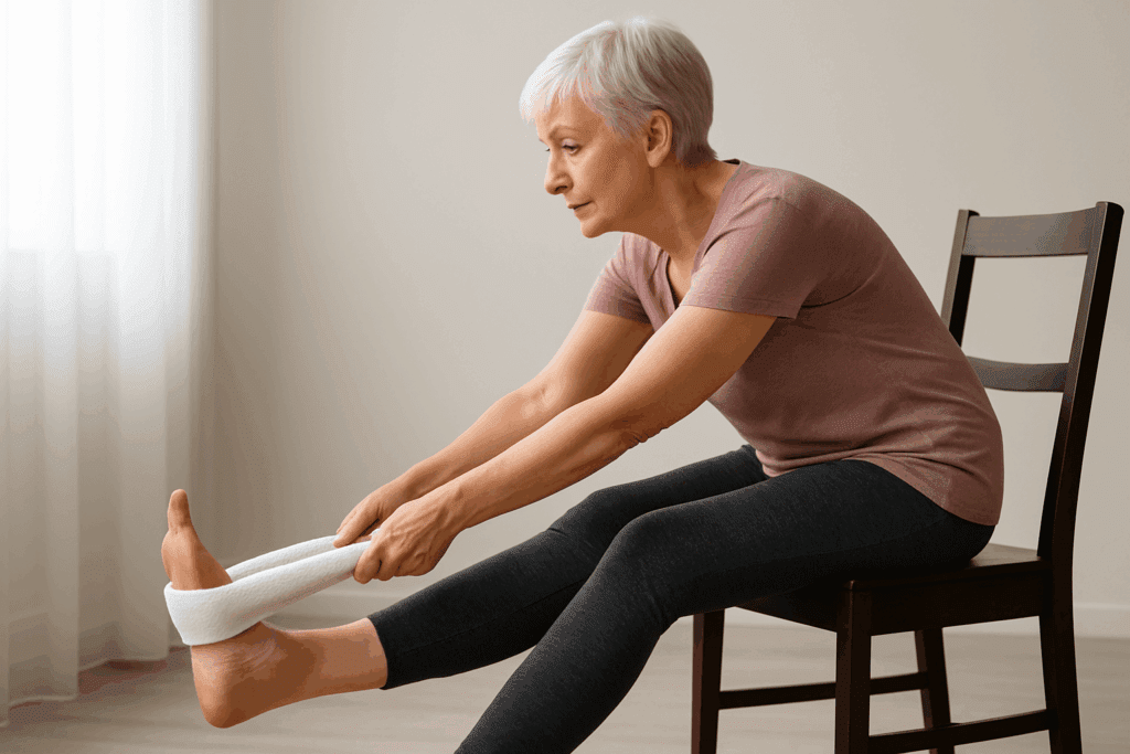 Senior woman doing hamstring stretches for seniors on a chair with towel support, leaning forward to reach her extended foot.