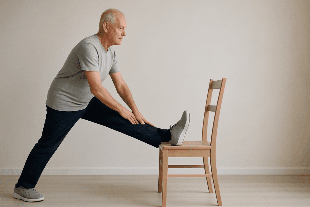Senior man performing hamstring stretches for seniors by leaning forward with one foot on a chair for support.