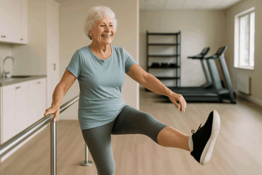 Senior woman smiling while doing leg swings by a railing in a gym, demonstrating hamstring stretches for seniors