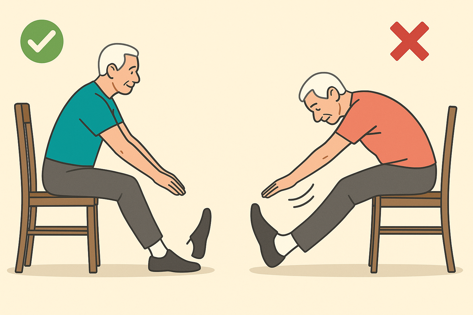 Side-by-side illustration comparing proper and improper hamstring stretches for seniors, highlighting safe seated posture versus risky overreaching.