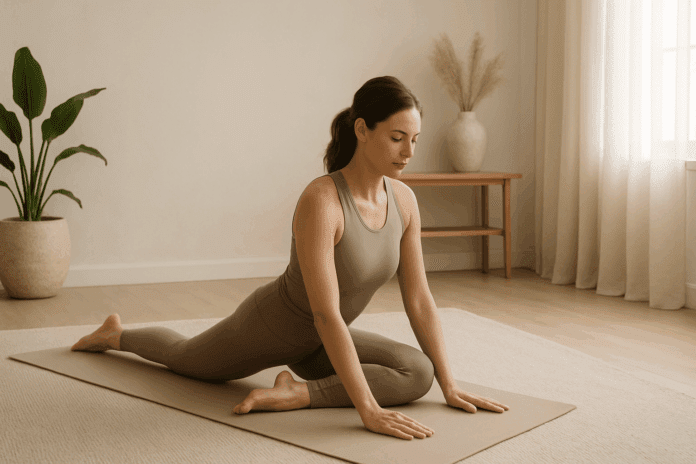 Woman in activewear performing pigeon pose on a yoga mat in a serene room as part of stretching exercises for hip pain relief