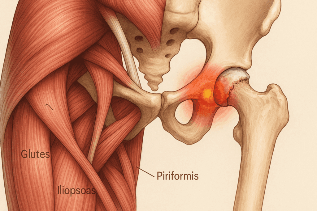 Anatomical illustration of the hip joint showing key muscles and inflammation points relevant to stretching exercises for hip pain relief.