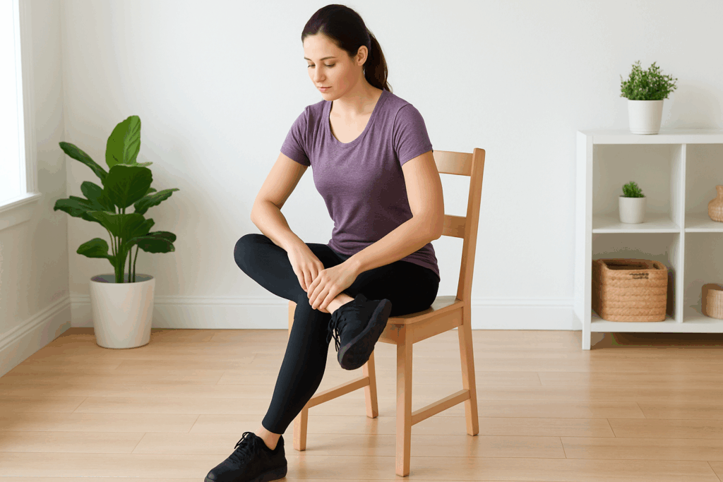 Woman performing a seated figure-four stretch on a chair as part of stretching exercises for hip pain relief in a bright home setting.