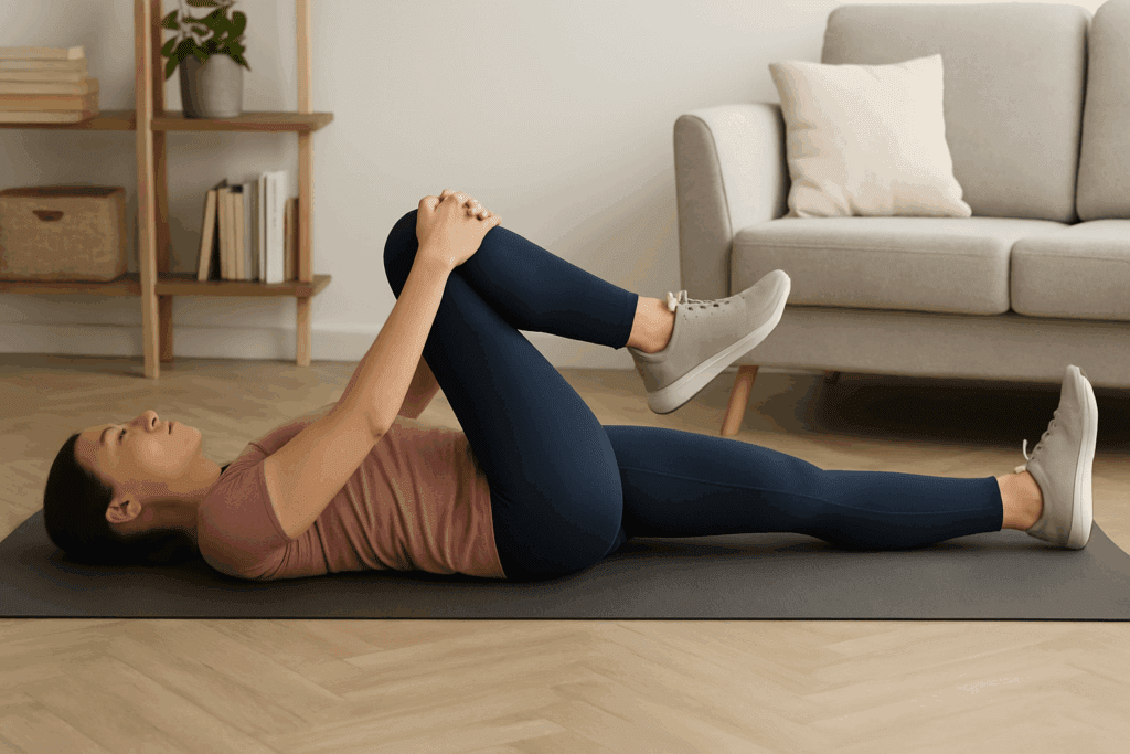 Woman lying on a yoga mat performing a lying hip flexor stretch as part of stretching exercises for hip pain relief in a home setting