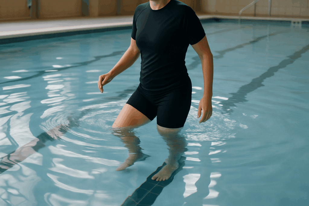 Person performing water-based stretching exercises for hip pain relief in a therapy pool with gentle resistance.