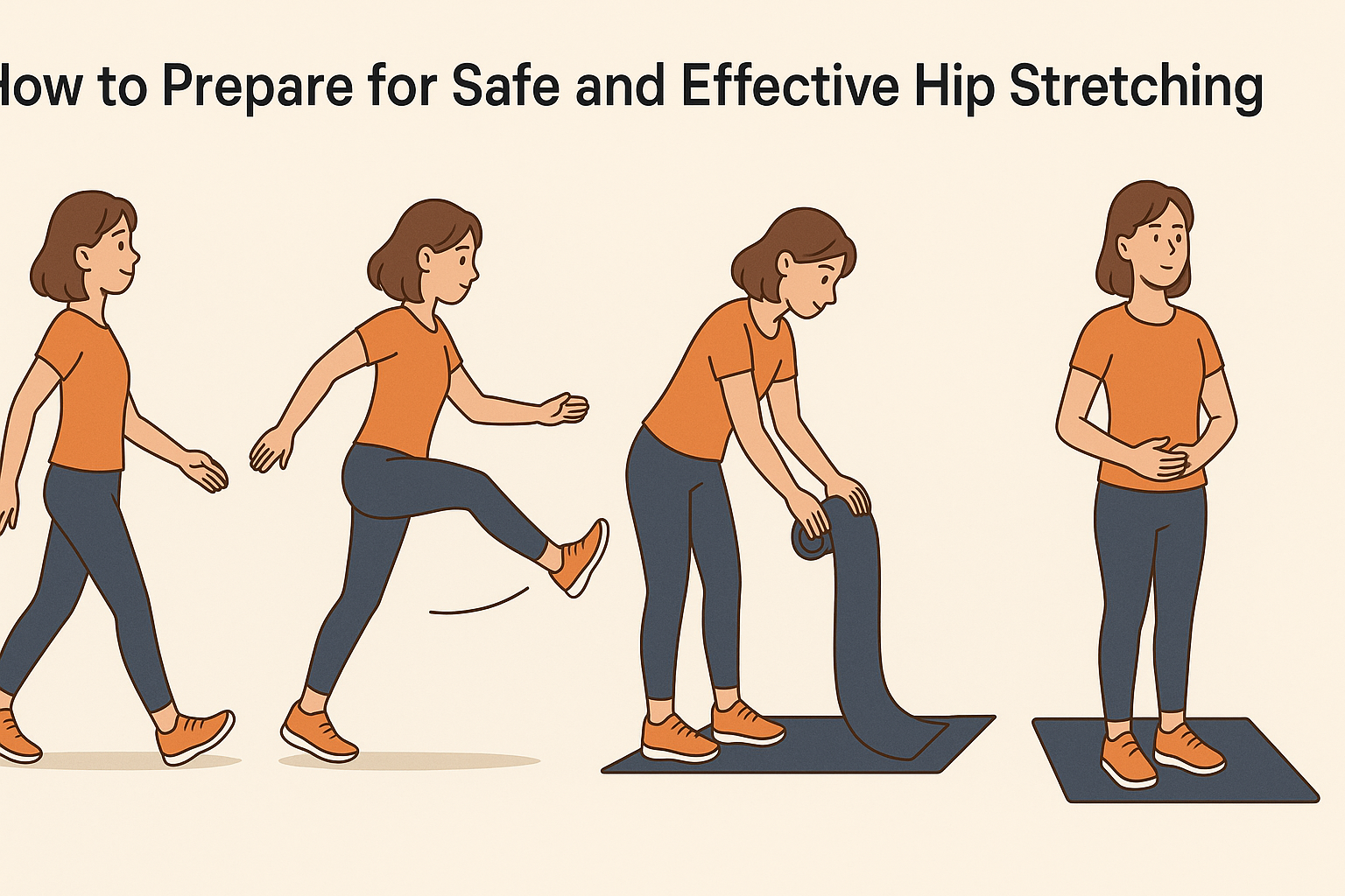 Sequence of stretching preparation steps—gentle walking, leg swings, mat setup, posture, and breathing—before stretching exercises for hip pain relief