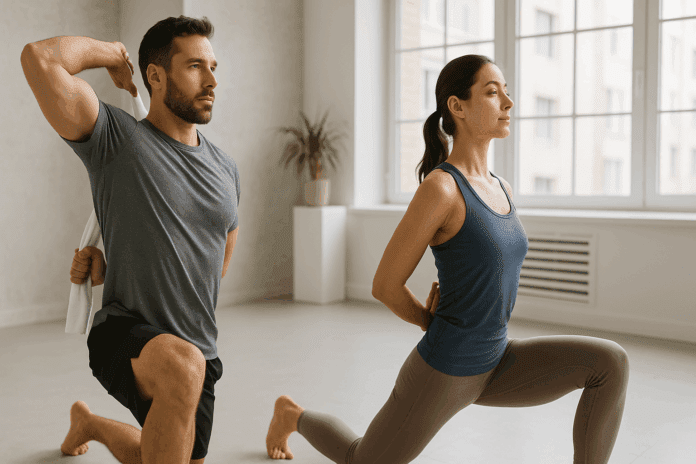 Man doing towel shoulder stretch and woman in reverse prayer yoga pose in studio, demonstrating exercises to improve reach behind back