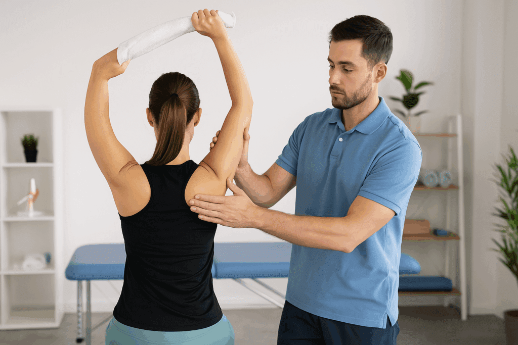 Female athlete performing towel stretch assisted by trainer in clinic during exercises to improve reach behind back