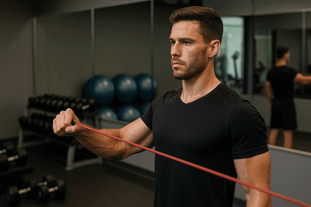 Man performing resistance band shoulder external rotation in gym, demonstrating exercises to improve reach behind back.